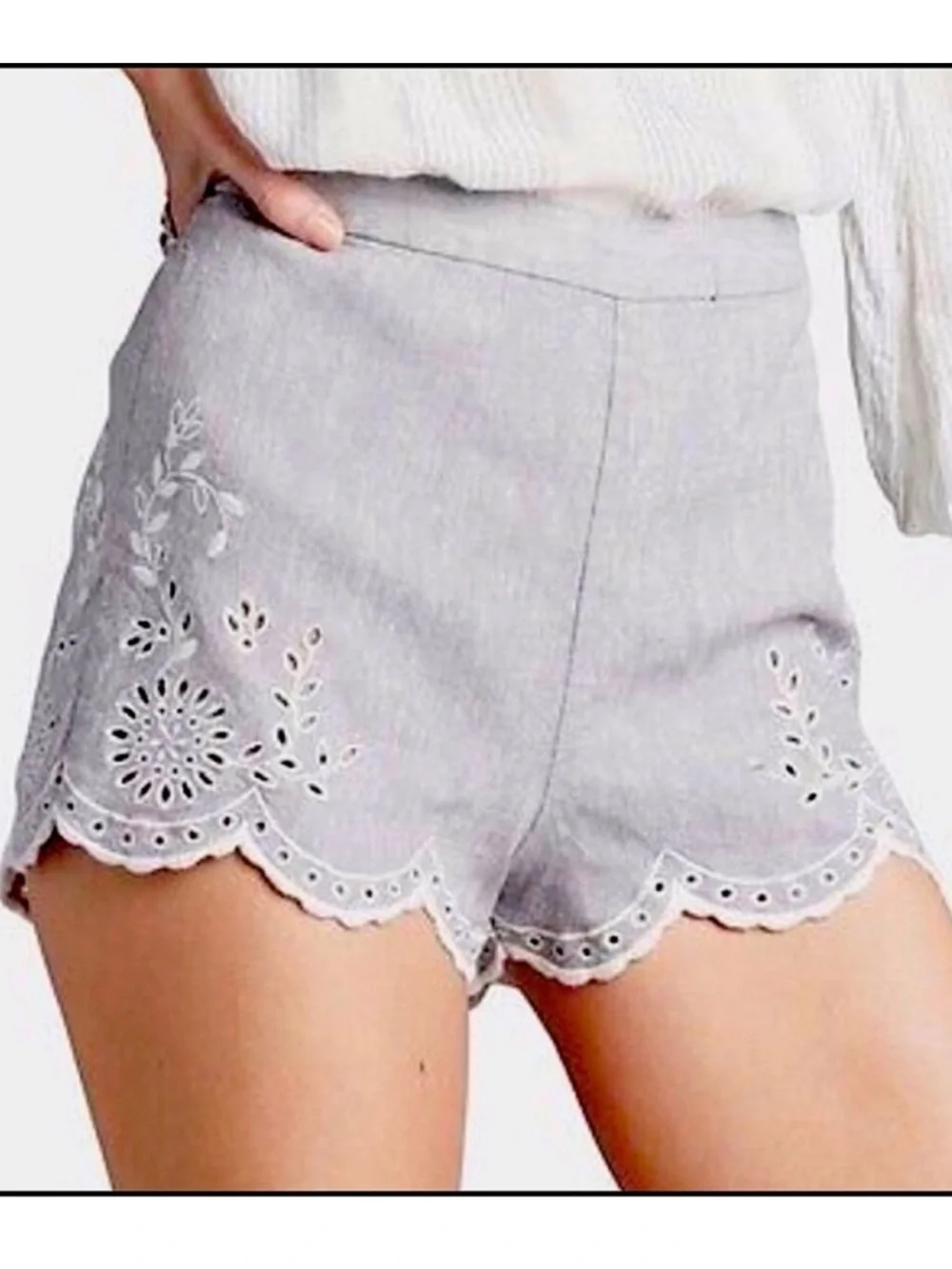 Free People Life’s Too Short Embroidered Eyelet Scalloped Shorts Gray Size 6 - Picture 8 of 10